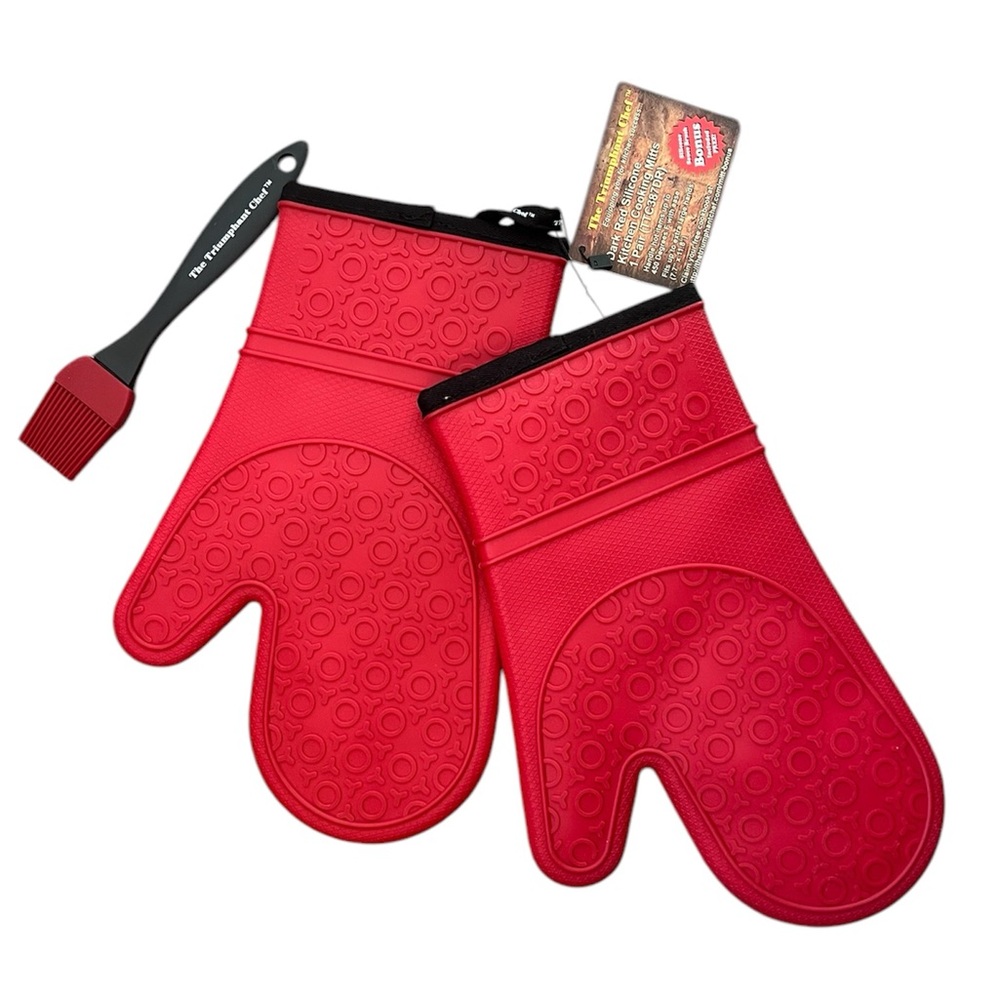 NEW Red Silicone Kitchen Cooking Oven Mitts Gloves 1 Pair (1C387DR) With Brush